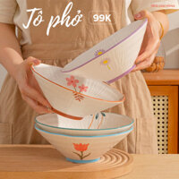 Tô loe bún, phở hình nón, đáy nhỏ - Họa tiết hoa lá Vintage phong cách Hàn Quốc