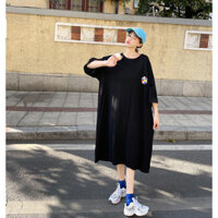 Tơ lụa giả cotton #   Váy midi mỏng mùa hè cho phụ nữ, họa tiết hoa hướng dương, dáng rộng, giảm cân, nhung Q4AQ