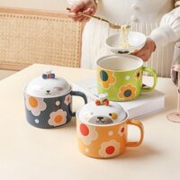 Tô sứ ăn mì có nắp có quai hoạ tiết dễ thương dung tích 900ml