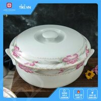 Tô sứ có nắp đậy , thố sứ có nắp gốm sứ , thố sứ decor hoa dây , Âu 2 tai có nắp sứ Long Phương, Âu 2 tai có nắp hoa dây hồng - 8 inch