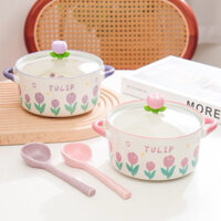 Tô sứ có nắp đậy thuỷ tinh hoạ tiết hoa tulip, tô ăn mì salad xinh xắn