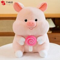 Tobie Pig Hold Lollipop Đồ chơi sang trọng, Bộ sưu tập bông PP Động vật Búp bê heo mềm, Phim hoạt hình sáng tạo Thoải mái Lông Tơ Nhồi bông Búp bê sang trọng cho trẻ em gái