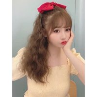 Tóc giả cột xù kèm kẹp nơ cao cấp - Nâu vàng