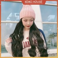 Tóc giả nữ nguyên đầu dài xoăn kèm nón len, tóc giả cả đầu gợn sóng với mũ len hồng [có sẵn]