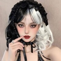 Tóc Giả Nữ Tóc Ngắn Tóc Xoăn Halloween Đen Trắng Phù Thủy Âm Dương TóccosBọc Tóc Giả Trùm Đầu