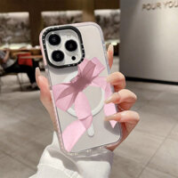 Tối Giản Màu Hồng Nơ Lụa Ruy Băng Không Dây Sạc Từ Tính Cho IPhone 11 14 15 16 Pro Max 12 13 Pro Max Cover 14 15 16 PLUS Silicon Mềm Trong Suốt Ốp Lưng Chống Sốc