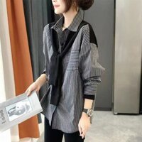 Top Shirt Cool Women's Clothing Elegant High-End Fashion Pull Black Gray Design Sense Outer Wear New2024All-matching striped