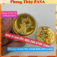 [TOPIC RẺ HƠN] Sỉ 10 Đồng Xu Hình Con Mèo Mạ Vàng bằng kim loại, 1 mặt có chữ Lộc - tặng kèm túi gấm đỏ PHÚC