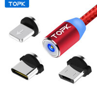 TOPK Cáp sạc micro USB nam châm AM23 Type-C lightning có đèn LED chất liệu dây bện nylon dành cho iPhone Xiaomi Samsung OPPO kích thước 1M 2M - INTL