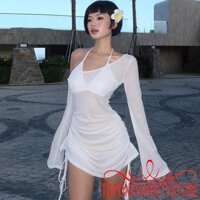 Topone-nữ Off-Shoulder Đầm Sheer Dây Rút Ruched Dài Tay Đảng Mini Đầm Đi Biển Dạo Phố