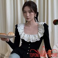 Topone-nữ Xuân Thu Dệt Kim Áo Dài Tay Cổ Chữ U Ruffle Viền Nút Dệt Kim