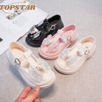 Topstar✨ Giày công chúa cho bé gái có nơ sáng bóng Giày da nhỏ đế mềm cao su chống trượt