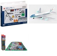 Toy Airplane Playset - Airport Playmat with Two 5.5" Diecast Model Planes & Accessories - Delta, Air Force One