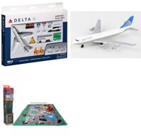 Toy Airplane Playset - Airport Playmat with Two 5.5" Diecast Model Planes & Accessories - Delta, United Airlines