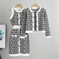 Traf Thời Trang Mùa Đông Dạo Phố Colorblock Dệt Kim 2 Miếng Trang Phục Nữ Nút Vàng Cardigan Áo Len Áo Khoác Và Áo Vest Bộ Váy Mini