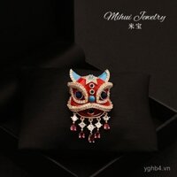 Trâm cài múa sư tử phong cách Trung Quốc nghệ thuật cho phụ nữ, trâm cài đá quý 3D đỏ lễ hội, quà tặng phụ kiện áo khoác