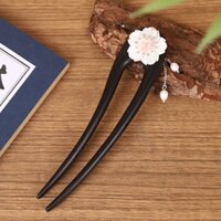 Trâm cài tóc chữ U bằng gỗ đàn hương đen đính hoa Mai Trắng phong cách cổ trang U03