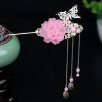 Trâm cài tóc cổ trang hoa và cánh bướm nhiều màu sắc - Hồng