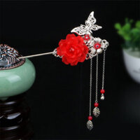 Trâm cài tóc cổ trang hoa và cánh bướm nhiều màu sắc - Đỏ