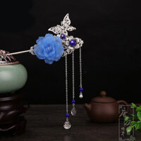 Trâm cài tóc cổ trang hoa và cánh bướm nhiều màu sắc - Xanh Đậm