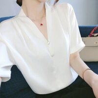 Trạm Châu Âu Áo Sơ Mi Trắng Thiết Kế Nữ Niche Mùa Hè Mới Satin Tay Ngắn Cổ Chữ V Retro