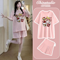 Trang phục bà bầu ngắn tay KT Cat Áo thun Top Quần Short hai mảnh Bộ đồ thời trang thời trang thời trang250329