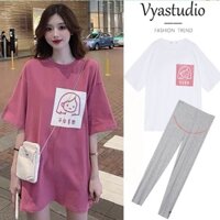 Trang phục bà bầu Trang phục mùa hè In hình áo thun nửa tay giữa dài cho bà bầu + Quần nâng bụng Phù hợp với phong cách mỏng Trang phục mùa hè Ma