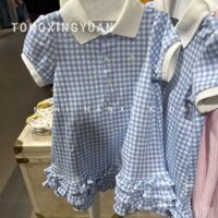 Trang phục bé gái váy công chúa ren caro xanh trẻ em mùa hè mẫu mới Váy Cổ polo phong cách Tây Nữ bé gái