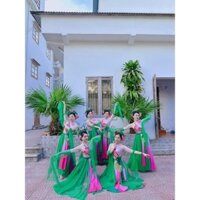 Trang phục biểu diễn văn nghệ múa đội nhóm đồng phục trình diễn tay thả xẻ hoạ tiết hoa sen kèm quần váy duyên dáng