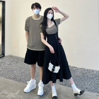 Trang phục cặp đôi cao cấp phong cách Hàn Quốc áo thun ngắn tay sọc bộ váy treo nữ phong cách Pháp một váy một áo VLU7