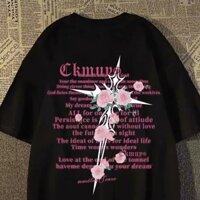 Trang phục cặp đôi mùa hè Áo thun ngắn tay cổ tròn in hoa đường phố cao cấp kiểu Mỹ dành cho nam và nữ phổ biến dáng rộng thường ngày năm phần tư tay áo