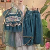 Trang phục dân tộc lưới phong cách công chúa Jasmine kỳ lạ cho bé gái, bộ hai mảnh mùa hè biểu diễn múa cho trẻ em