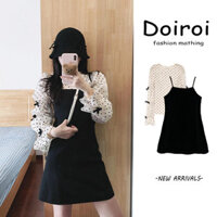 Trang Phục Hàn Quốc Đầu Thu Trọn Bộ Áo Chấm Bi Thân Hình Nhỏ, Váy Liền Hai Dây Dài Tay Loe