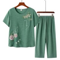 [Trang phục mẹ] Người cao tuổi trung niên Vải lanh Cotton giả ngắn tay Mẹ mặc cỡ lớn Phong cách phương Tây dáng rộng Bộ đồ hai mảnh Quần trên 7.12024