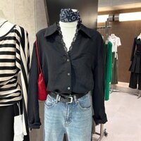 Trang phục mùa hè phong cách Hàn Quốc S-2XL cho phụ nữ, thiết kế Pháp, cổ áo, áo sơ mi dài tay một hàng khuy, dáng rộng, phối ren giả hai mảnh E9X9