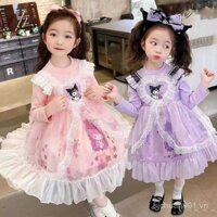Trang phục mùa thu đông cho bé gái, váy công chúa thời trang, váy lưới mùa xuân cho trẻ em, họa tiết hoạt hình Kuromi