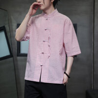 Trang phục nam phong cách Trung Quốc Áo sơ mi phong cách Trung Quốc mới Áo sơ mi nam Cỡ lớn cotton lanh sọc giữa tay áo Tang SUIT Áo Hán phục nam/3.10