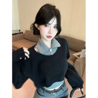 Trang phục nữ áo len cổ Polo phong cách học đường mùa xuân Áo dệt kim thu đông cho nữ áo ngắn áo hai dây xếp chồng lên nhau áo ba lỗ dễ phối đồ