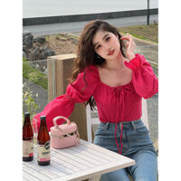 Trang Phục Nữ Cỡ Lớn Áo Sơ Mi Tay Đèn Lồng  Cổ Vuông Xếp Ly Hoa Hồng Đỏ Ca Rô Phong Cách Mới Ngọt Ngào