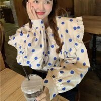 Trang phục nữ cỡ lớn Áo sơ mi dáng dài vừa Cổ Búp Bê bèo nhún phong cách phương Tây ngọt ngào Áo sơ mi xếp chồng tính khí chấm bi cho nữ áo