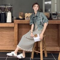 Trang Phục Nữ Cỡ Lớn, Bộ Hai Chiếc Thời Trang Cho Người Béo , Áo Khoác Denim Viền Thô Phong Cách Hồng Kông