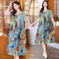 Trang phục nữ mùa hè 2024 Váy liền in họa tiết ôm dáng rộng rãi Kiểu Trung Quốc mới cotton lụa
