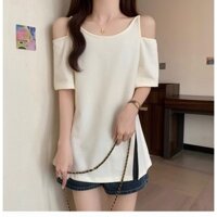 Trang phục nữ mùa hè Áo thun hở vai xẻ tà kiểu dáng 2024 mẫu mới áo che bụng rộng rãi mặc trong
