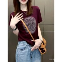 Trang phục nữ mùa Hè cỡ lớn Áo ngắn tay Kim Cương nóng Áo Thun Nữ Ngắn Tay màu tím phổ biến cho phụ nữ 200 kg che bụng GJGY