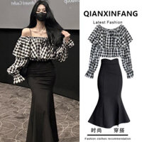 Trang phục nữ thanh lịch mùa xuân và mùa thu, áo dài tay lệch vai kẻ caro nhỏ retro + váy xẻ hai mảnh