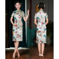 Trang phục sườn xám năm mới nóng bỏng Váy in ngắn phong cách Trung Quốc mới có khe hở bên gợi cảm