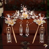 Trang Sức Cưới Phụ Kiện Tóc Bộ Tua Rua Dài Mũ Đội Đầu Kẹp Trên Bông Tai Tòn Ten