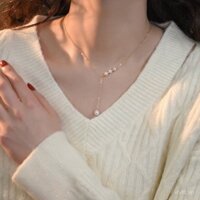 Trang sức khuyên dùng, phong cách Pháp thanh lịch, ngọc trai tự nhiên, dây chuyền hình chữ Y mạ vàng 14K, bán buôn cổ xương đòn