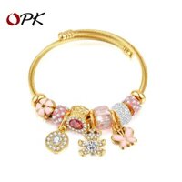 Trang sức OPK sang trọng nhẹ nhàng, đính kim cương, vòng tay trái tim gấu cá tính bằng thép không gỉ cho phụ nữ