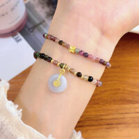 Trang sức tay vòng tay hạt tự nhiên màu sắc cầu vồng kẹo tourmaline khóa hòa bình người bạn tốt trang phục nhiều lớp cho phụ nữ